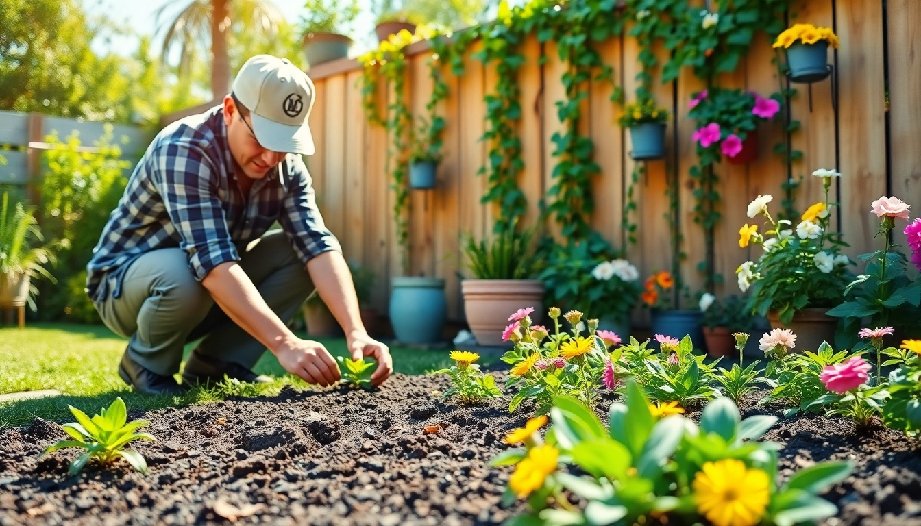 Gardening: A dedicated gardener creating a beautiful flowerbed in a sunlit backyard.