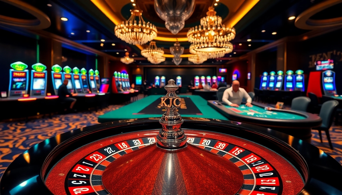 KJC branding showcased at a vibrant casino table with players enjoying blackjack and roulette.