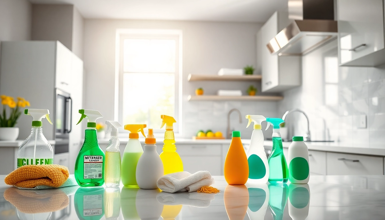 kitchen deep cleaning Dubai showcasing a spotless kitchen with shining surfaces and cleaning supplies.