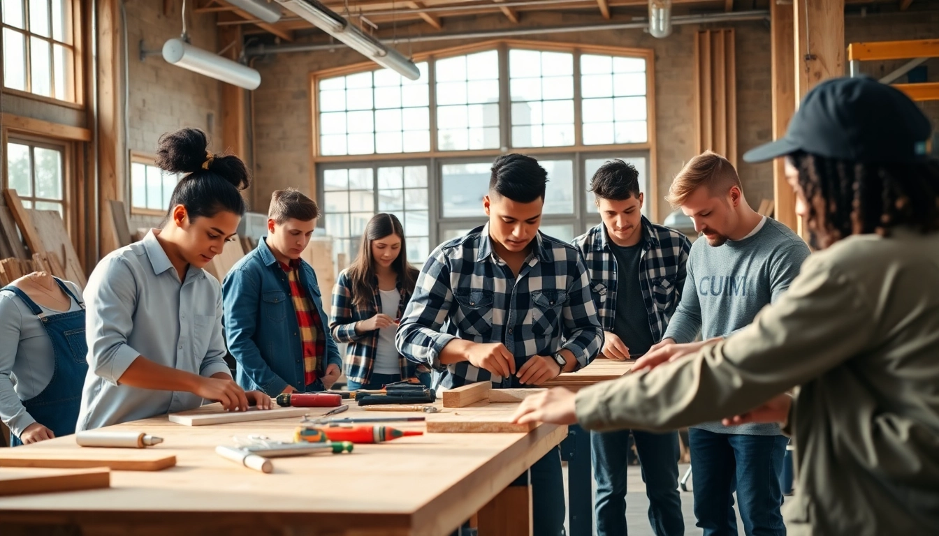 Students participating in construction classes, engaged in hands-on learning with tools.