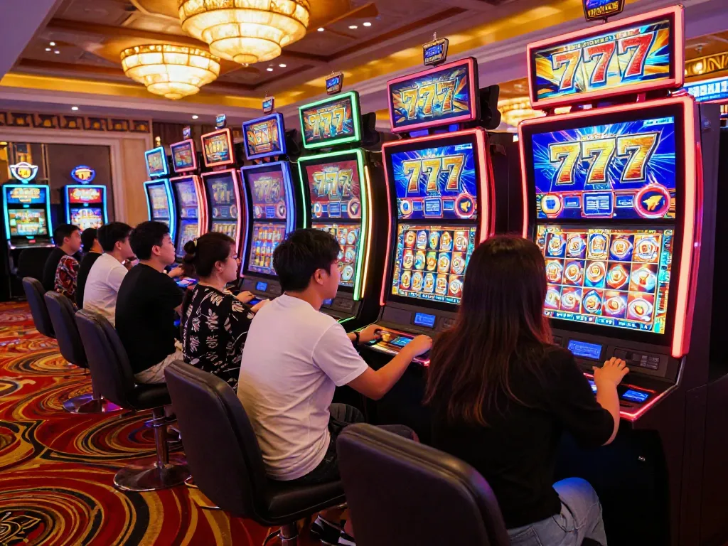 Permainan slot777 yang mengasyikkan di kasino Asia dengan pemain bersemangat.