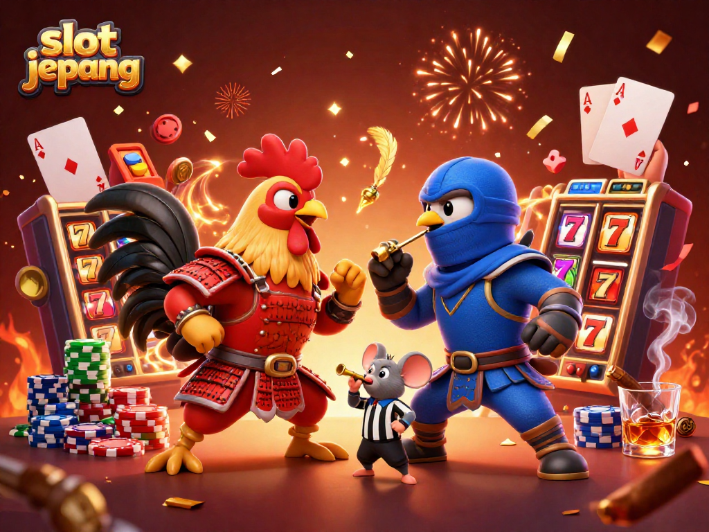 Experience the excitement of slot jepang with dynamic battling roosters in a vibrant casino scene.