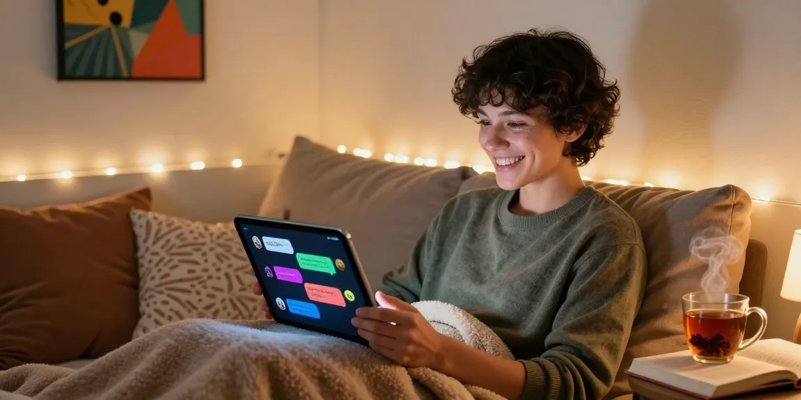 Engaging with an NSFW chat bot on a tablet in a cozy setting, showcasing a warm and inviting atmosphere.
