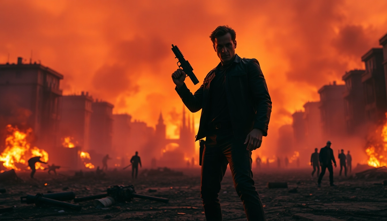 Engaging action-packed thriller scene of a hero poised for battle amidst chaos.
