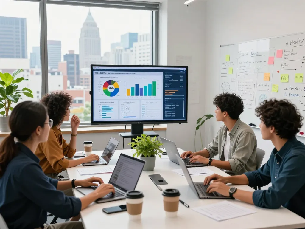 Collaborative New York SEO Services team analyzing strategies in a vibrant NYC office.