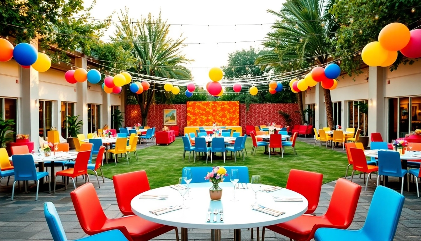 Engaging setup of Party Rentals showcasing elegant tables and colorful decorations.