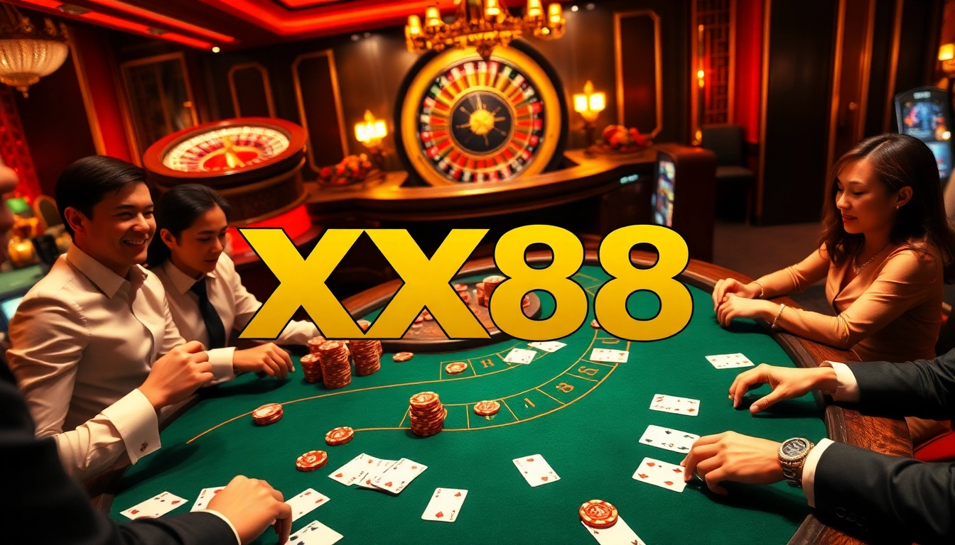 XX88 baccarat table with eager players showcasing excitement in a luxurious casino setting.
