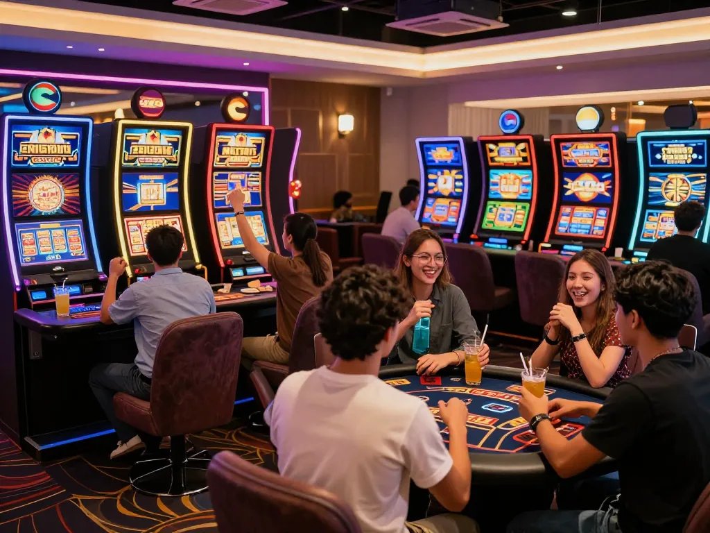 Exciting online gaming atmosphere showcasing players at go88 casino tables with bright screens and lively decor.