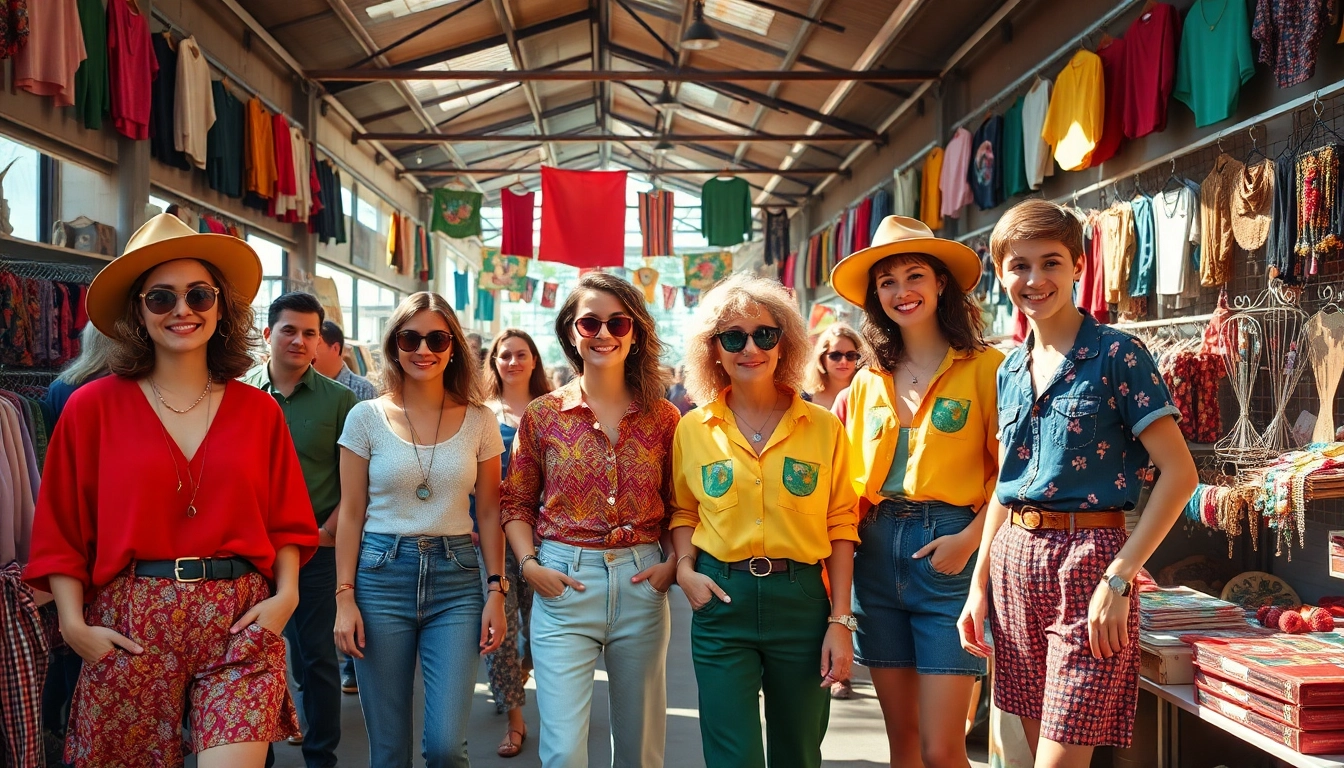 Showcase stylish outfits from https://thrift-vintage.com/ at a vibrant vintage flea market.