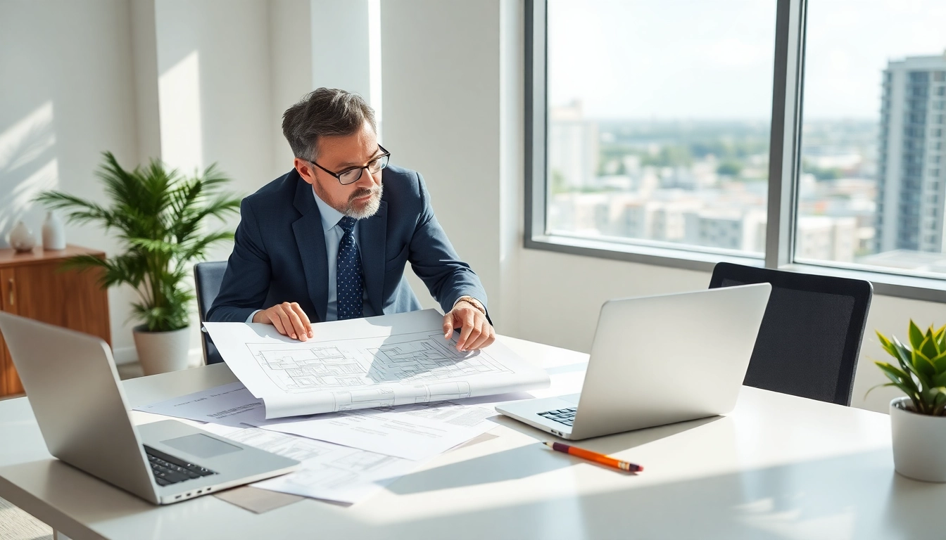 Boca Raton Construction Litigation Lawyer guiding a client through legal documents and blueprints.