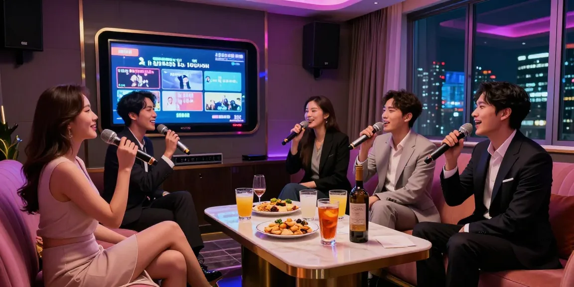 강남가라오케에서의 고급스러운 프라이빗 룸에서 친구들과 함께 즐기는 장면