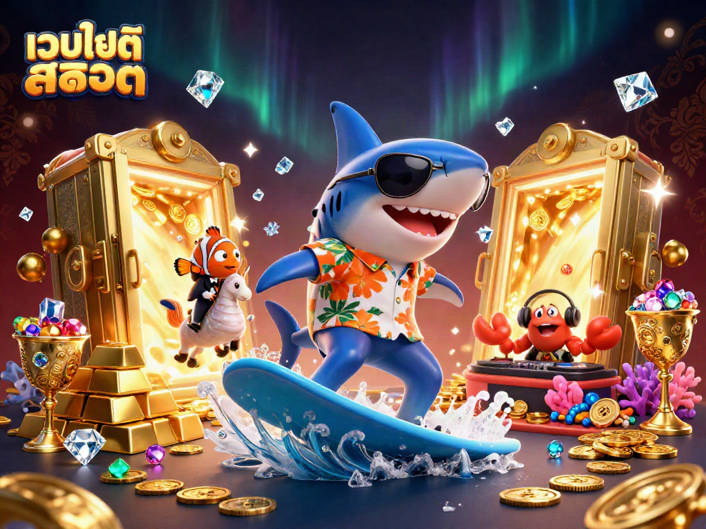 Spin to win at เว็บไซต์สล็อต with a vibrant, lively casino-themed illustration featuring unique characters and elements.