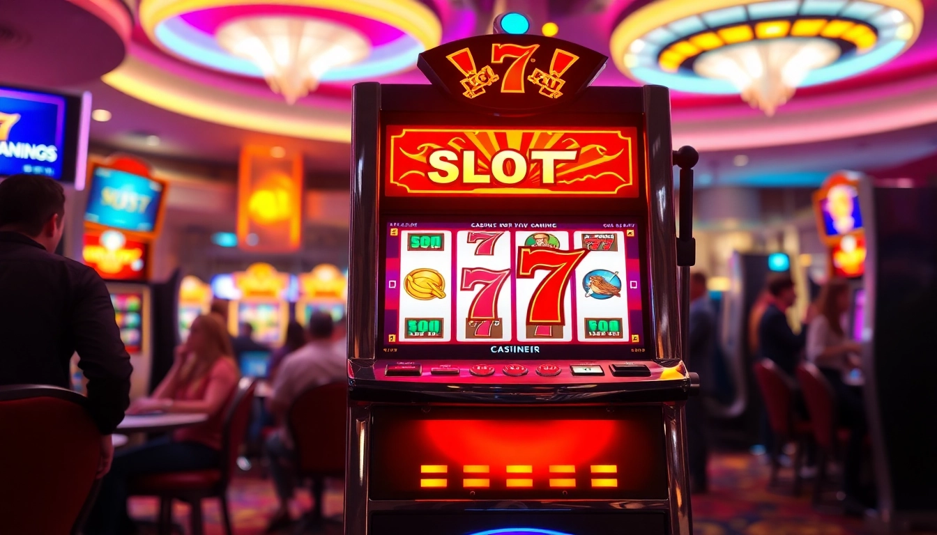 Slot77 menampilkan mesin judi di kasino yang ramai dan penuh warna