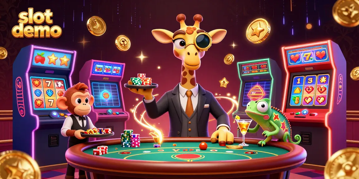 Engage in a slot demo with a vibrant scene featuring a high-roller giraffe, monkey valet, and chameleon bartender.