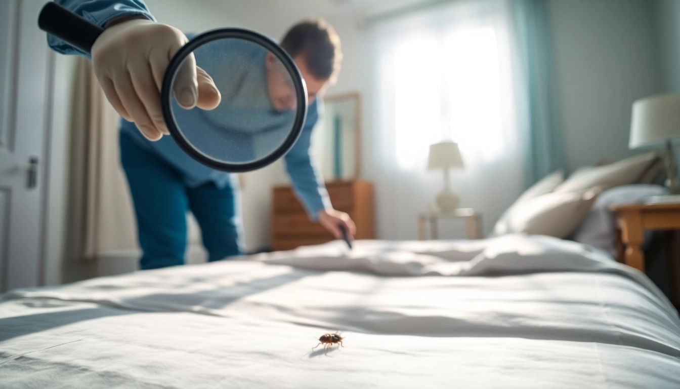Bed bug exterminator examining bedroom for pest control solutions and locating bed bugs.