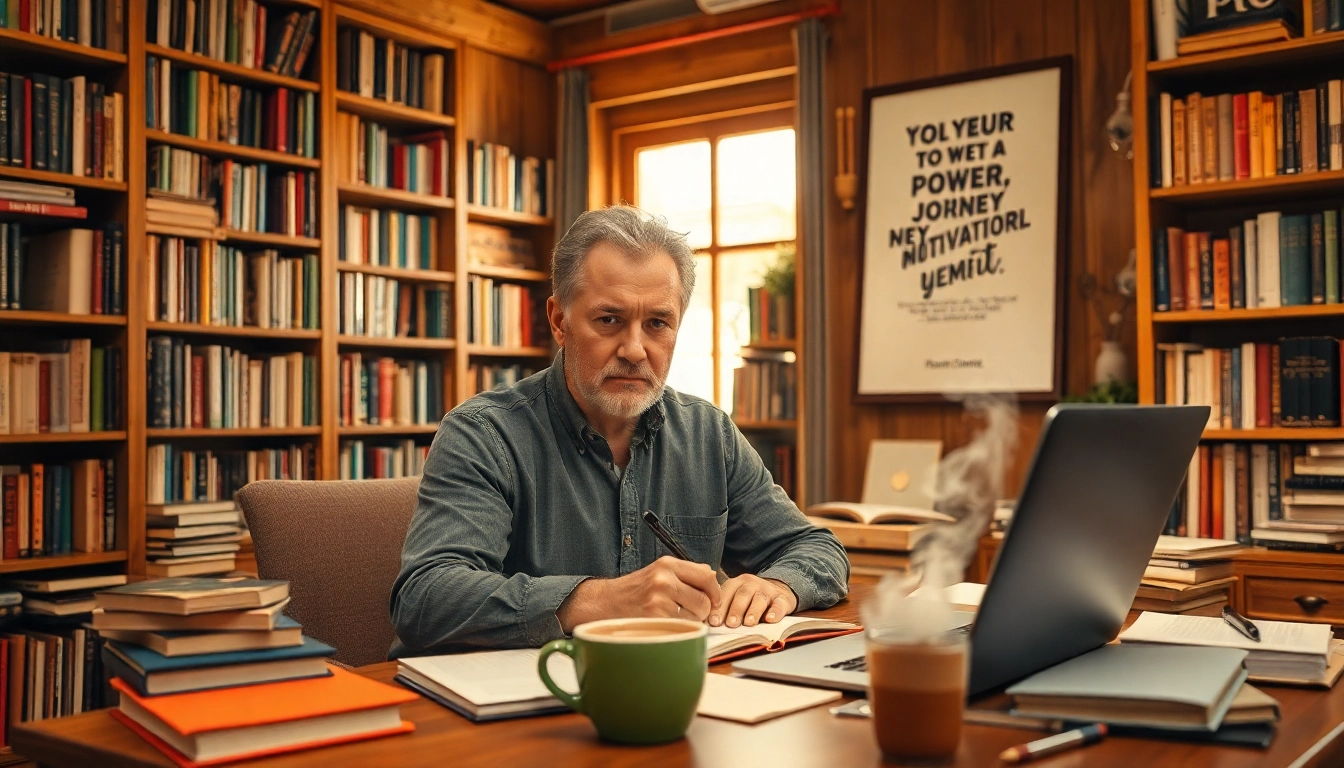 Author crafting a motivational memoir in a cozy study, filled with books and natural light.
