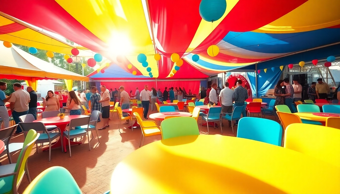 Setting up Party Rentals with colorful tents and tables for a festive outdoor celebration.