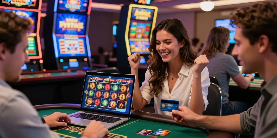 Excited players enjoying games at casinos that take credit cards, celebrating wins with colorful slot games and visible credit cards.