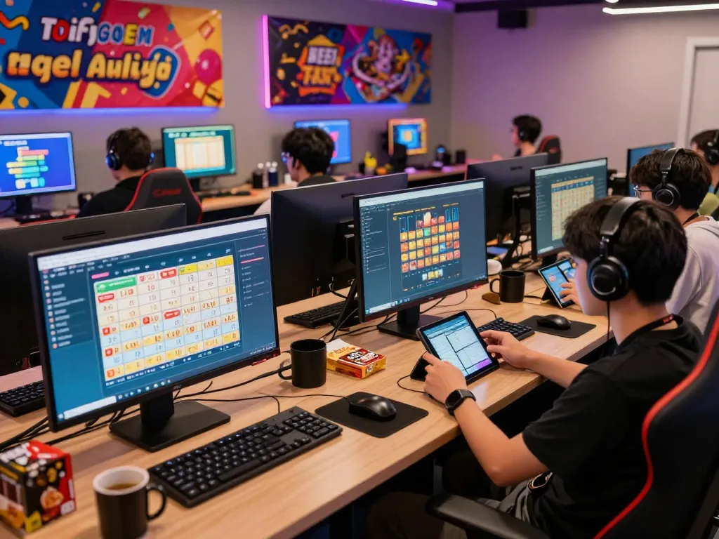 Engaging Togel Online gaming environment with players enjoying interactive sessions on multiple devices, illustrating excitement and community.
