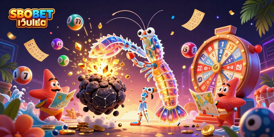 SBOBET เว็บตรง showcases vibrant gaming action with golden coins and colorful lottery elements exploding around dynamic characters.