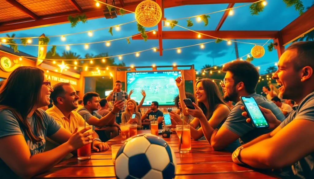 Engaged group celebrating sports betting in Brazil at a lively sports bar atmosphere.