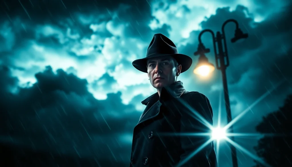 Thriller character in suspenseful night scene, evoking mystery and drama.