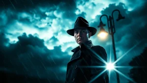 Thriller character in suspenseful night scene, evoking mystery and drama.