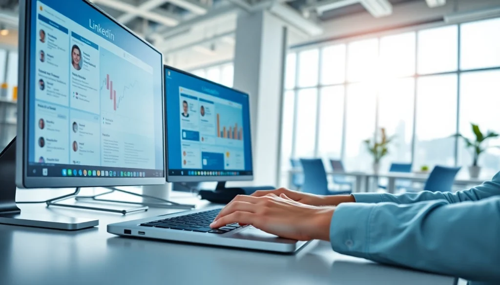 Engaging scene of a professional using a laptop to Rent LinkedIn Account effectively at work.