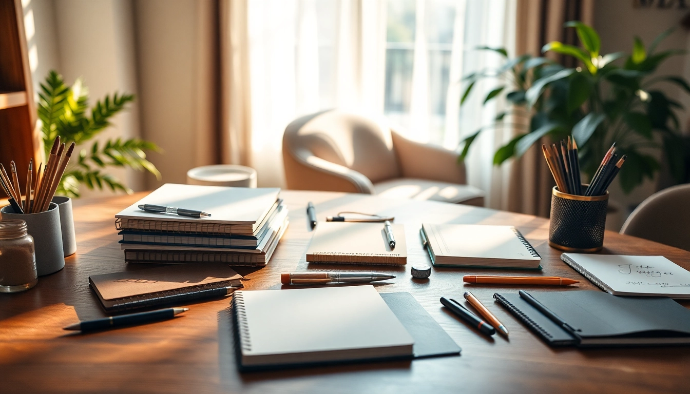 Showcasing premium stationery items elegantly arranged on a wooden desk in a bright workspace.