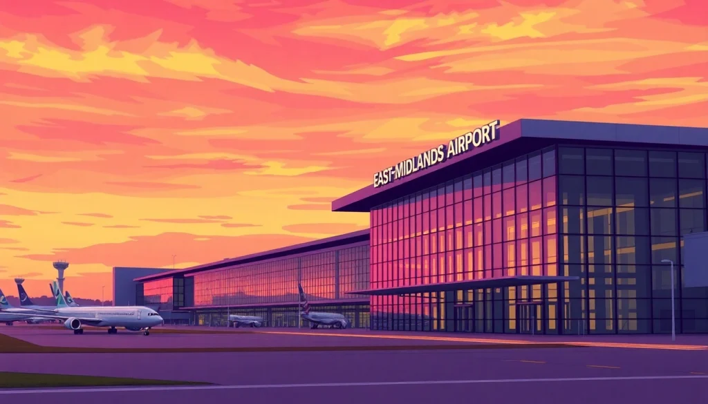 View of East Midlands Airport's terminal building showcasing modern architecture and sunset reflections.