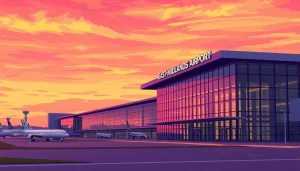 View of East Midlands Airport's terminal building showcasing modern architecture and sunset reflections.
