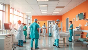 Beeld van zorgverleners in https://tweestedenziekenhuis.nl met patiënten in een warme ziekenhuisomgeving.