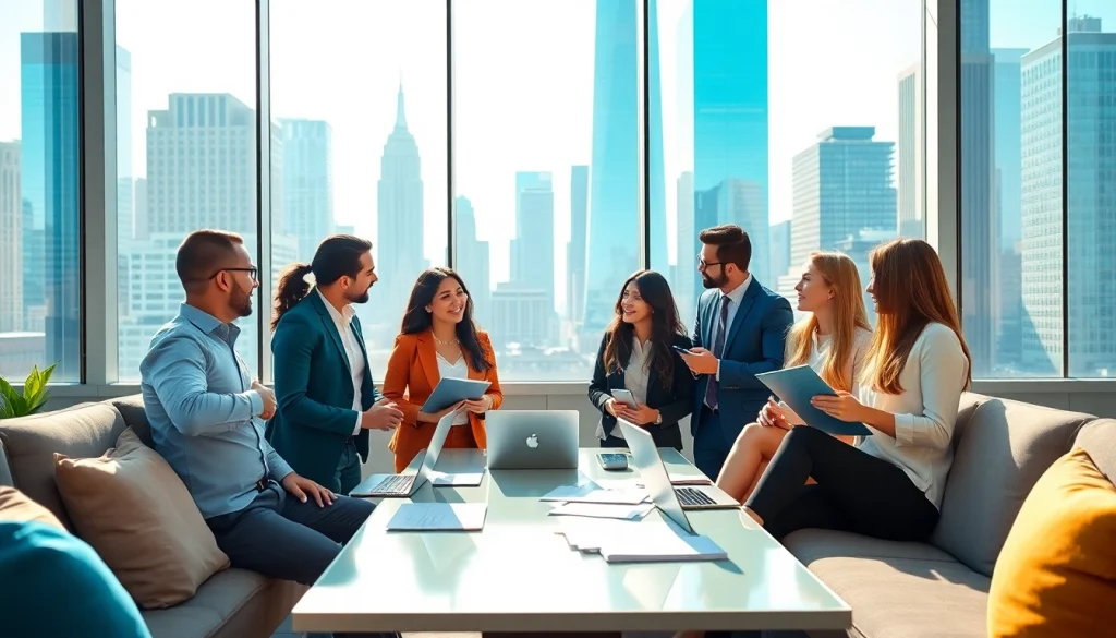 Dynamic scene of professionals seeking jobs new york surrounded by engaging conversations in a modern office.