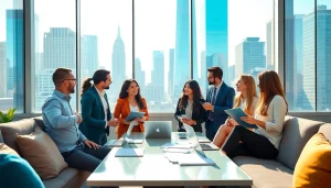 Dynamic scene of professionals seeking jobs new york surrounded by engaging conversations in a modern office.