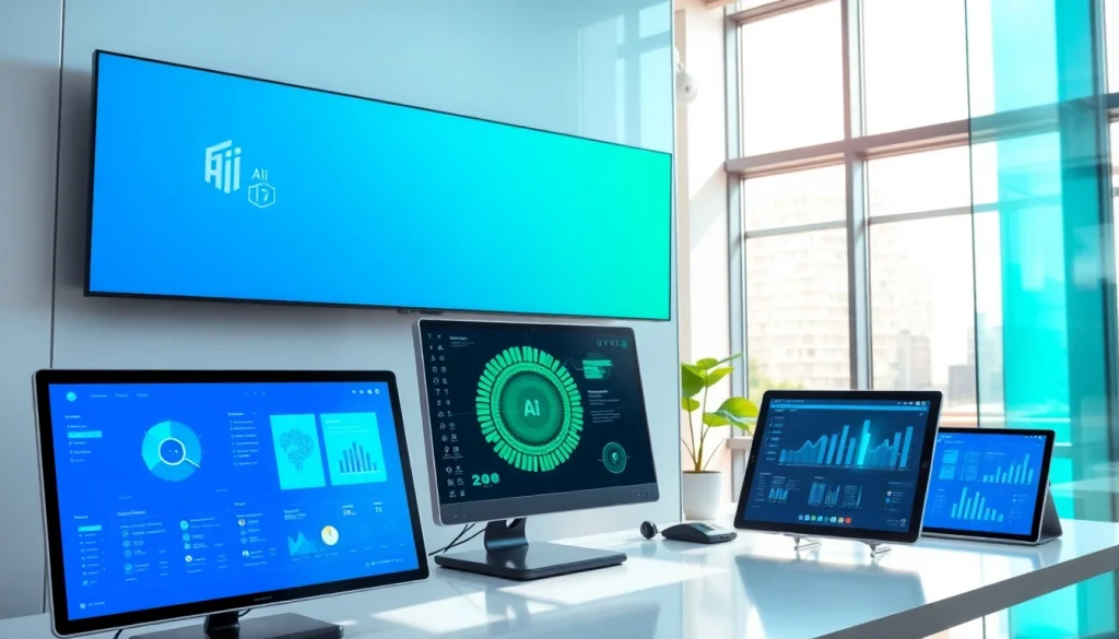 Showcasing AI tools at https://best-ai-tools.org in a modern office environment with innovative tech features.