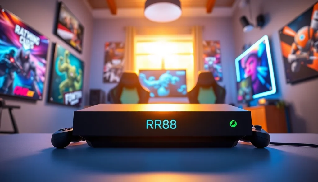 Experience high-energy gaming with the RR88 console surrounded by a vibrant setup and gaming essentials.