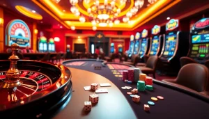 KJC AC casino scene showcasing poker tables, roulette, and vibrant gaming. Experience thrilling gambling adventures!