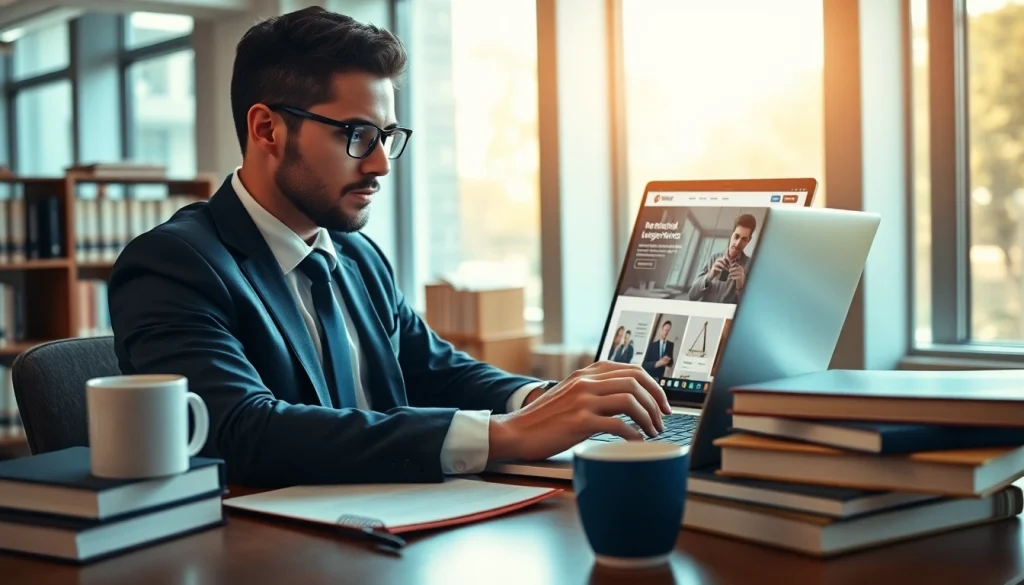 Lawyer designing a website at https://www.websites.law in a bright office environment.