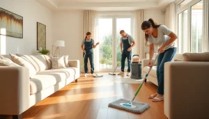Cleaning Service team thoroughly tidying a modern living room with natural light.