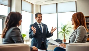 Consulting attorney at https://www.inmotionlaw.com with clients in a modern office setting.