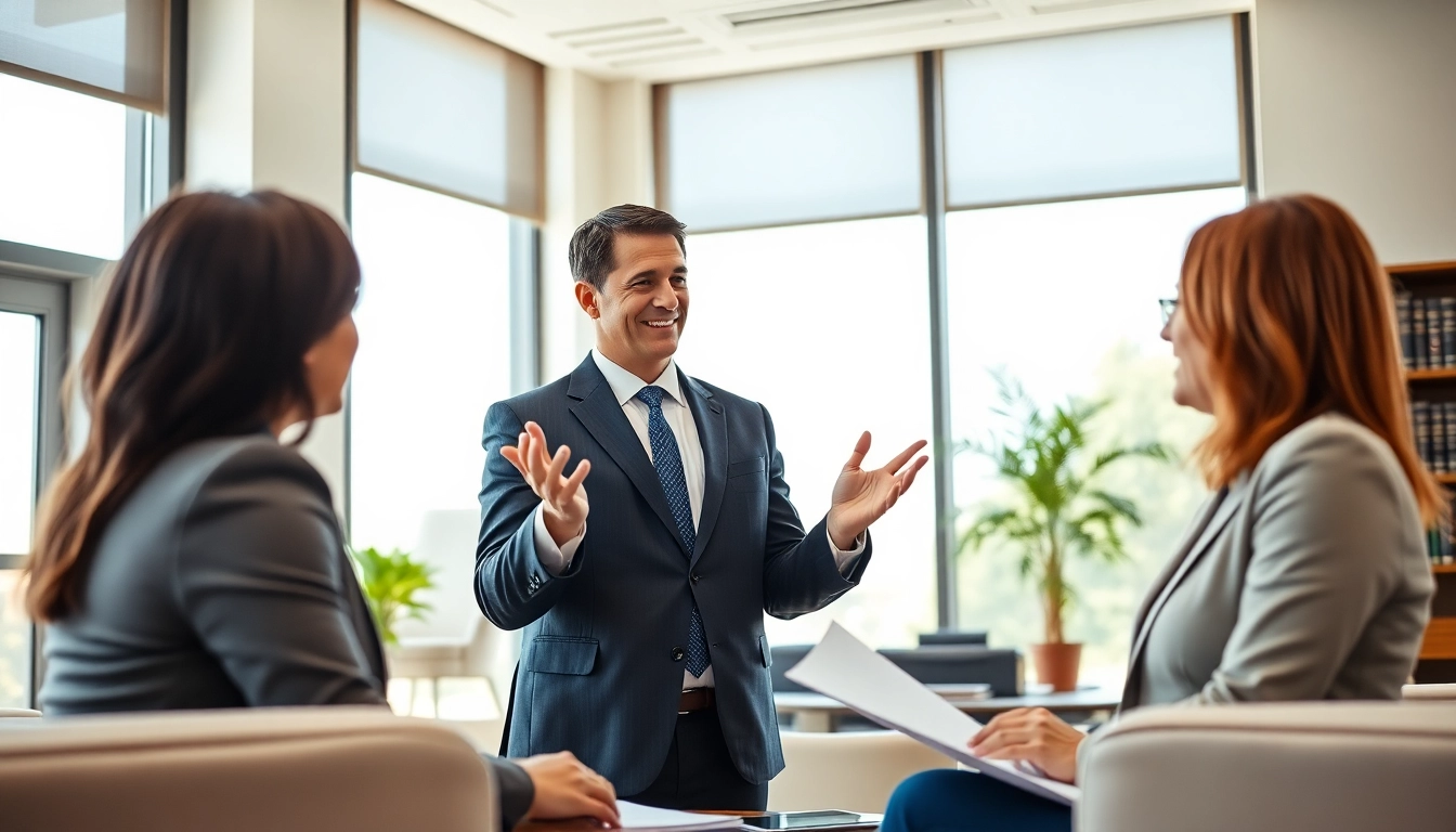 Consulting attorney at https://www.inmotionlaw.com with clients in a modern office setting.