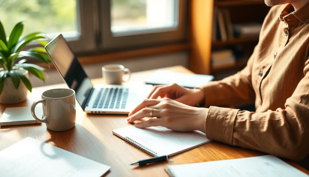 Crafting a guestpost in a serene workspace with warm lighting and organized elements.