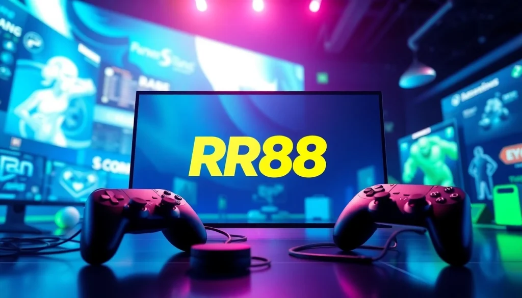 Enhance your gaming experience with RR88 logo, showcased against a vibrant digital backdrop.