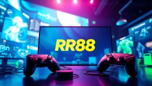 Enhance your gaming experience with RR88 logo, showcased against a vibrant digital backdrop.