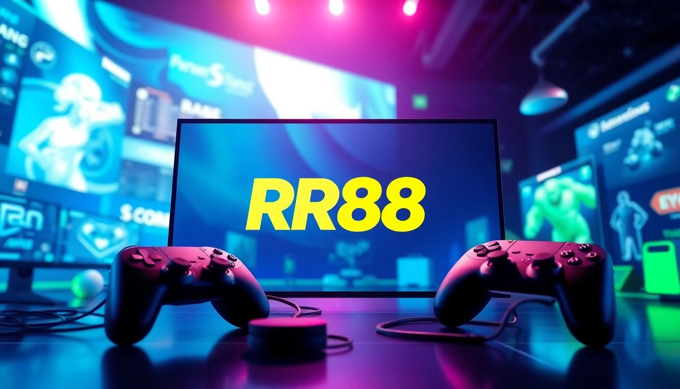 Enhance your gaming experience with RR88 logo, showcased against a vibrant digital backdrop.
