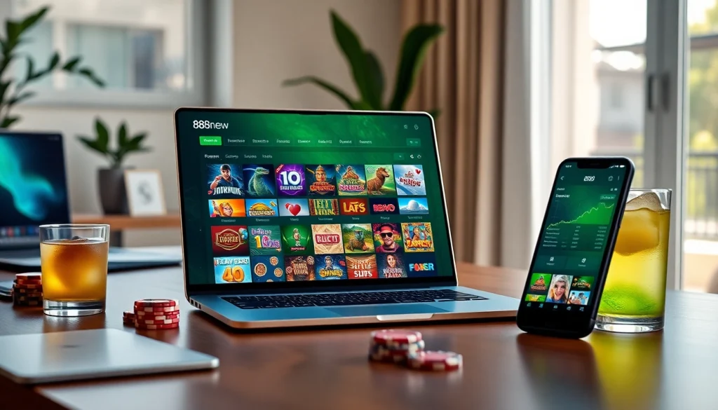 888new online gambling platform interface displayed on devices, showcasing vibrant games.