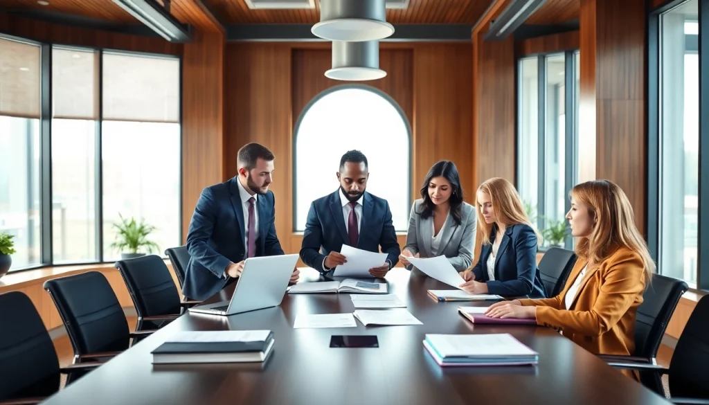 Team of lawyers collaborating over documents at https://www.lalitlaw.com while promoting a professional atmosphere.