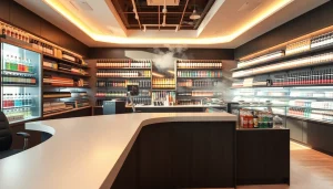 Besuchen Sie den Vape Shop mit einer Vielzahl von farbenfrohen E-Liquids und stilvollem Design.