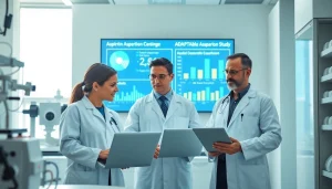 Medical researchers analyze results from the ADAPTABLE Aspirin Study in a modern lab setting.