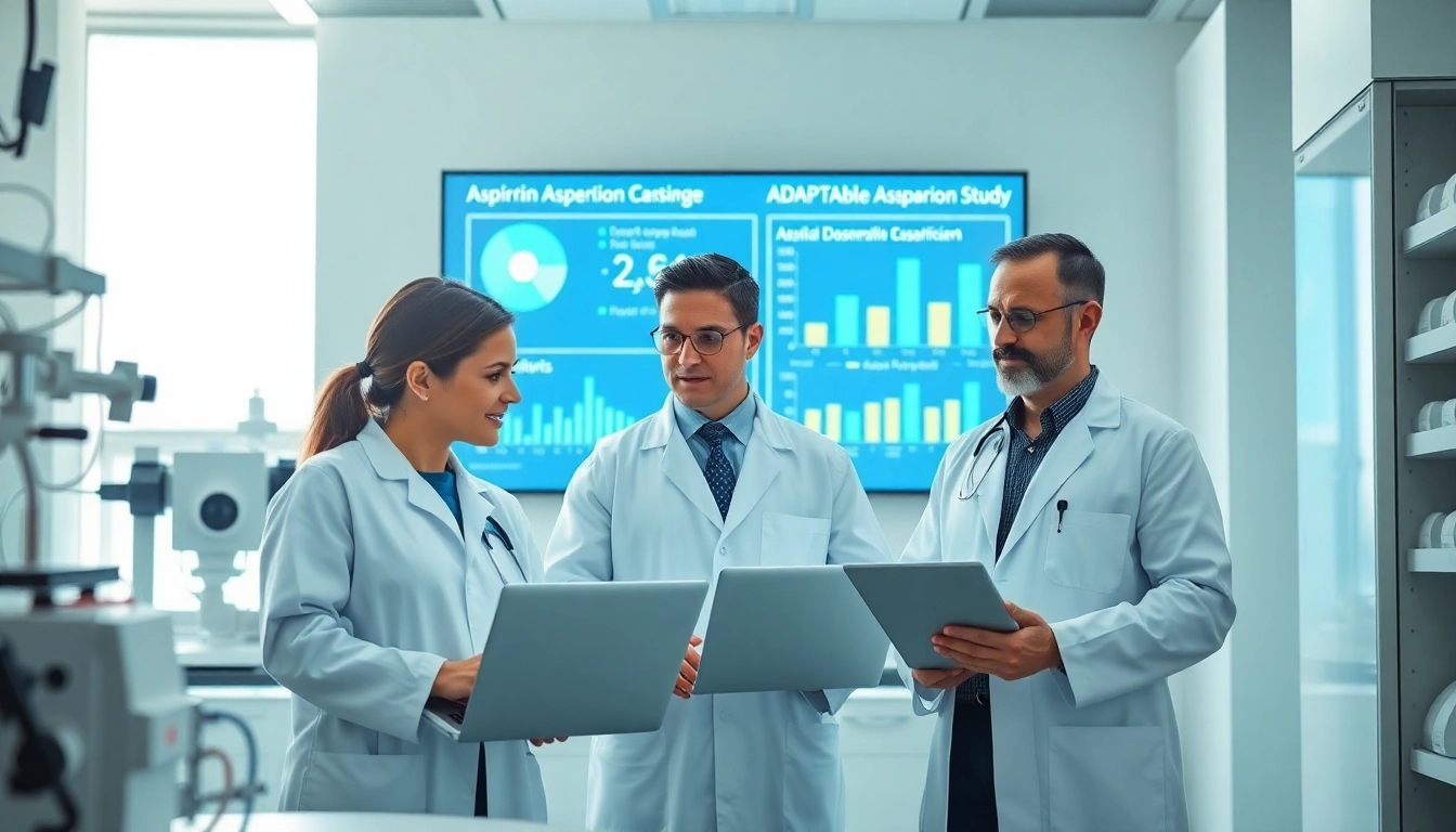Medical researchers analyze results from the ADAPTABLE Aspirin Study in a modern lab setting.